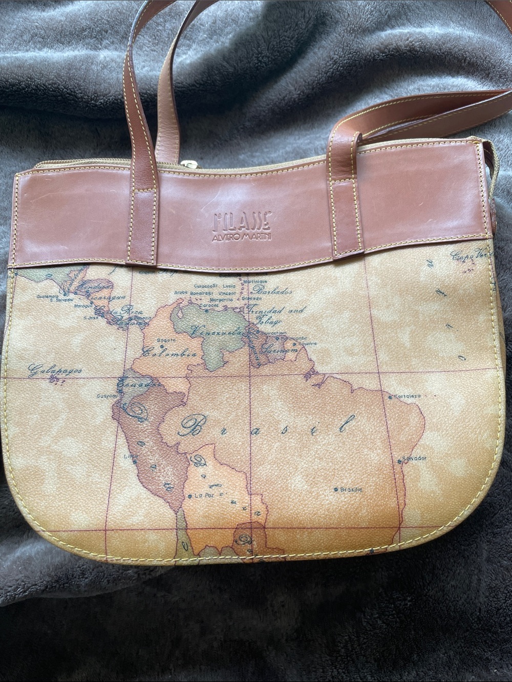 Alviero Martini Map-Print Messenger Bag in Brown and Tan
